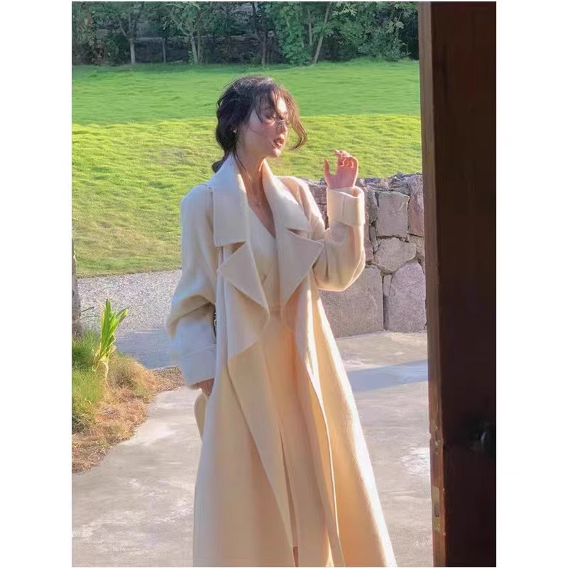 YBN7746米白色呢子大衣女新款复古高级感千金风气质休闲毛呢外套