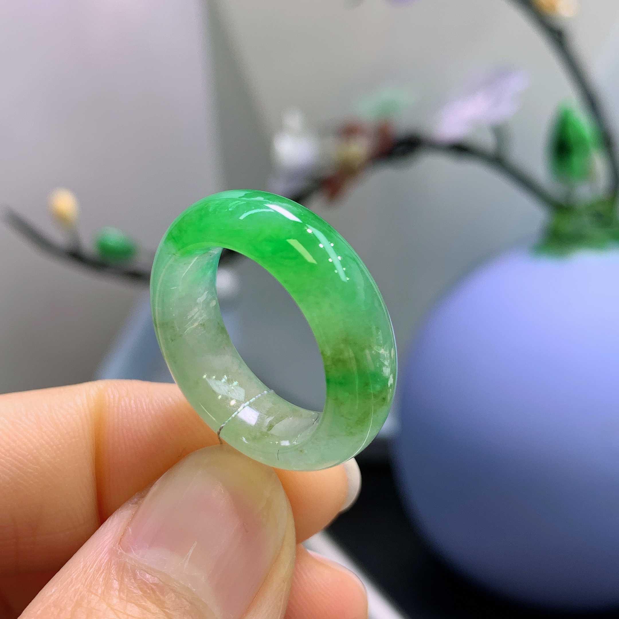 15圈口缅甸天然翡翠A货冰飘阳绿戒指A686#