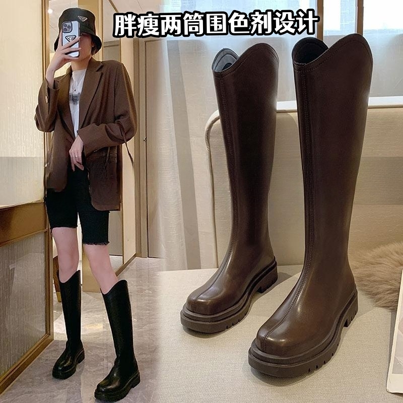 长筒靴女胖mm粗腿大筒围长靴子2023新款秋冬厚底不过膝高筒骑士靴