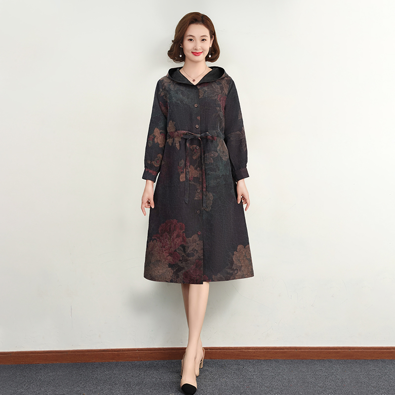 DF776-1春秋新款真丝香云纱风衣高端时尚洋气连帽两面穿大码显瘦