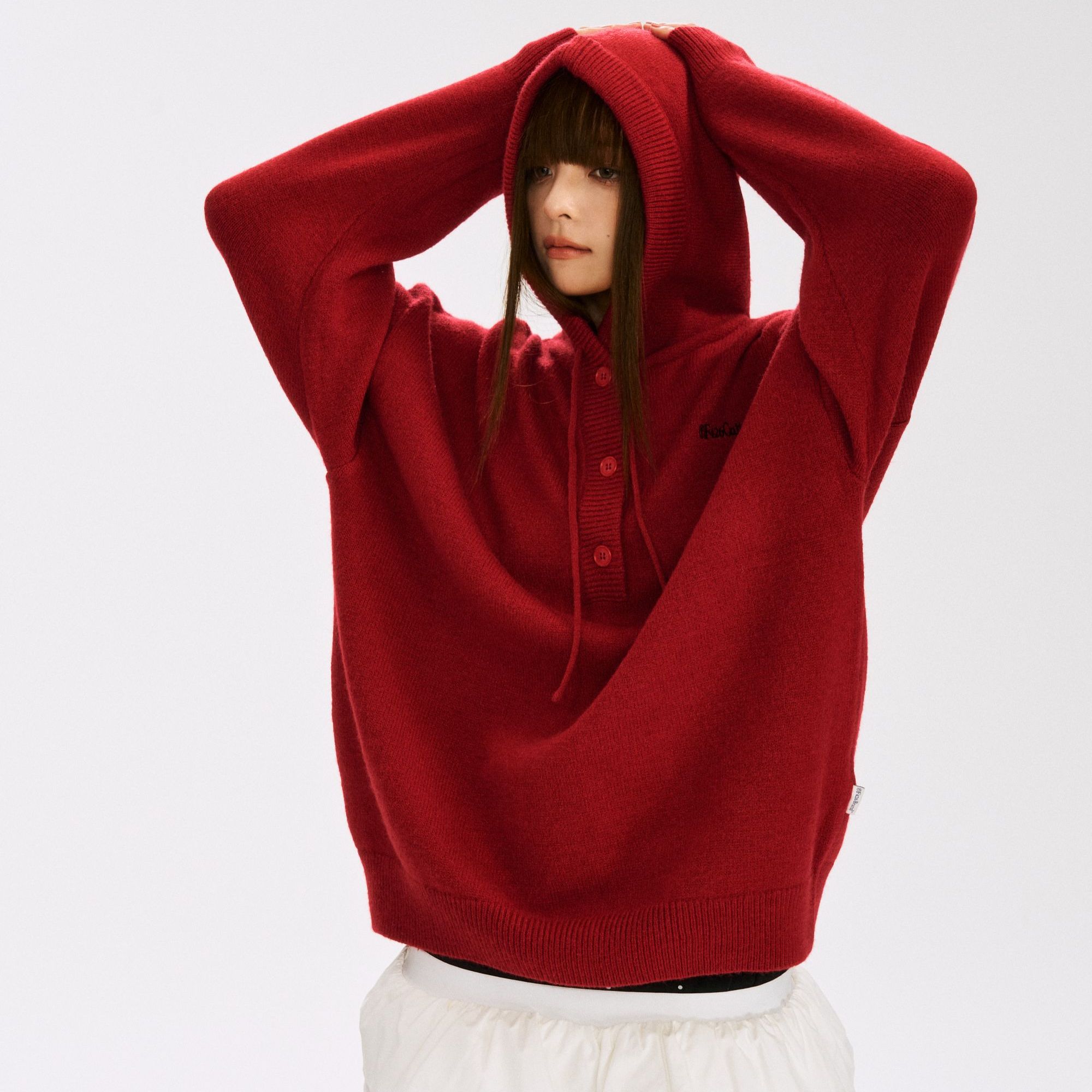 F426潮牌春秋款半开领纯色毛衣休闲连帽针织卫衣秋季红色国潮0003