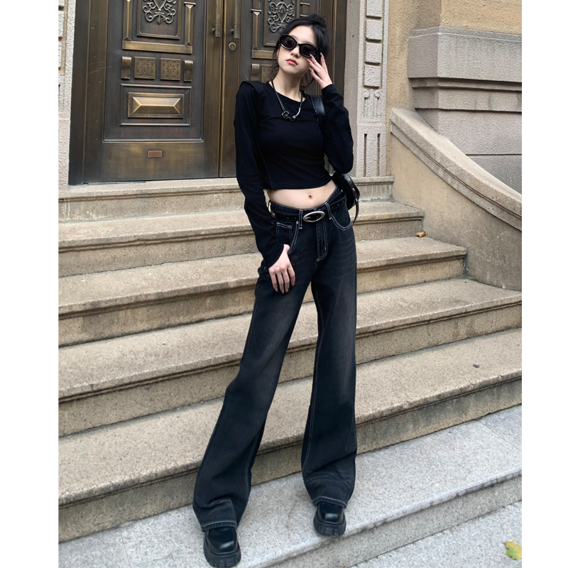 黑色不贴腿微喇牛仔裤女2024秋季新款美式辣妹宽松显瘦拖地喇叭裤