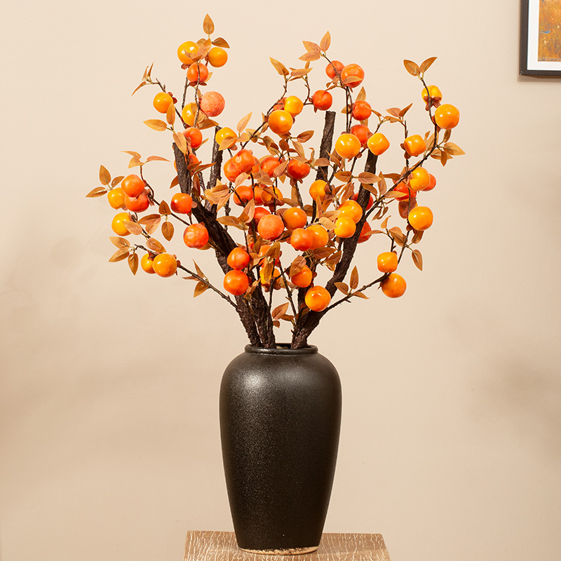 仿真柿子果实带叶小柿子柿柿如意高枝插花客厅禅意装饰假花摆设