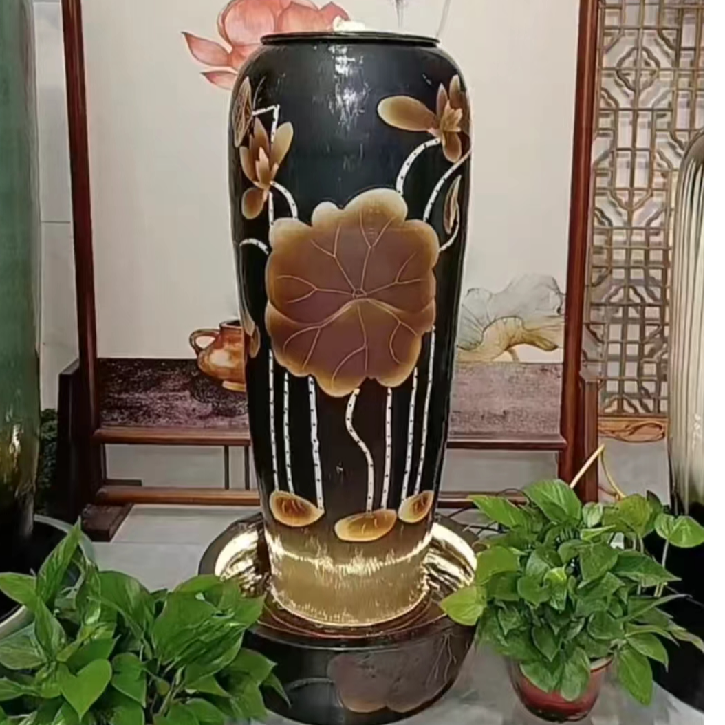 新中式陶瓷花瓶循环流水喷泉加湿净化家居装饰办公室招财流水摆件