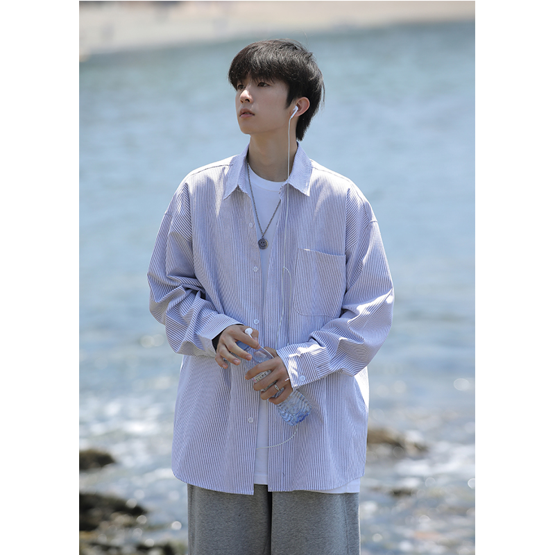  韩版廓形条纹设计感小众宽松长袖衬衫情侣春秋休闲百搭衬衣外套