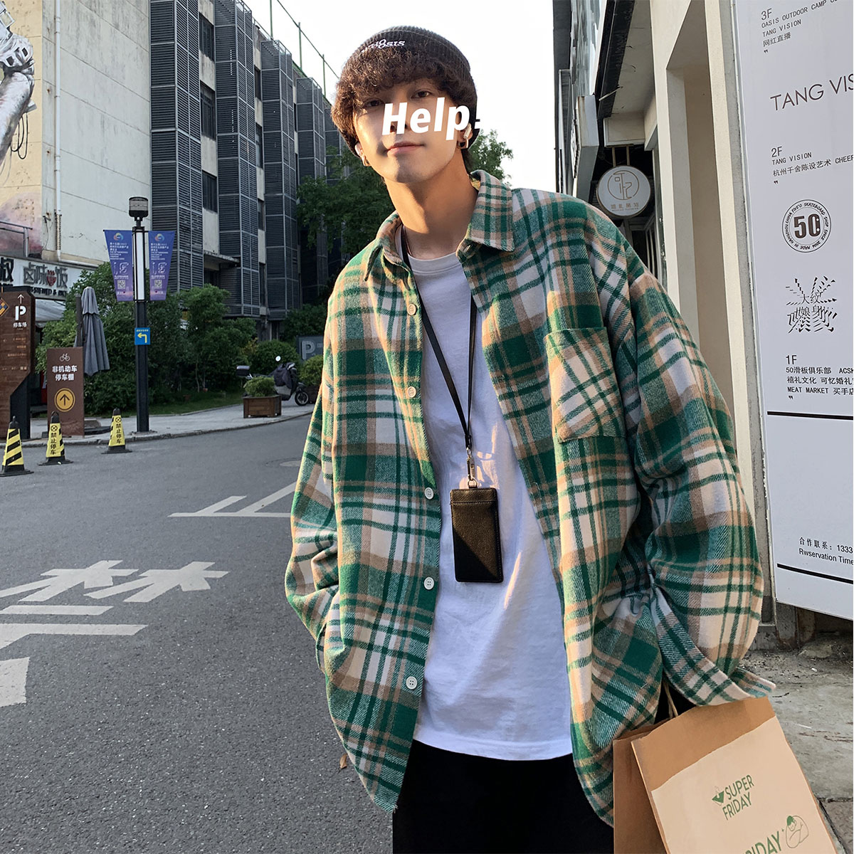 春秋磨毛绿色格子衬衫男生长袖毛呢外套青少年潮流休闲宽松衬衣服