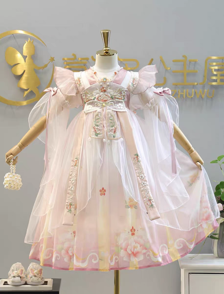 2024夏装新款女童汉服连衣裙儿童襦裙奔花仙兔女孩改良民族风古装