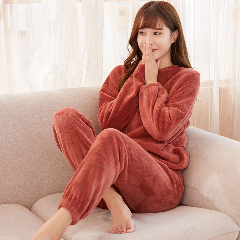  纯色双面珊瑚绒秋冬季保暖加绒加厚仙女暖暖套装家居服两件套