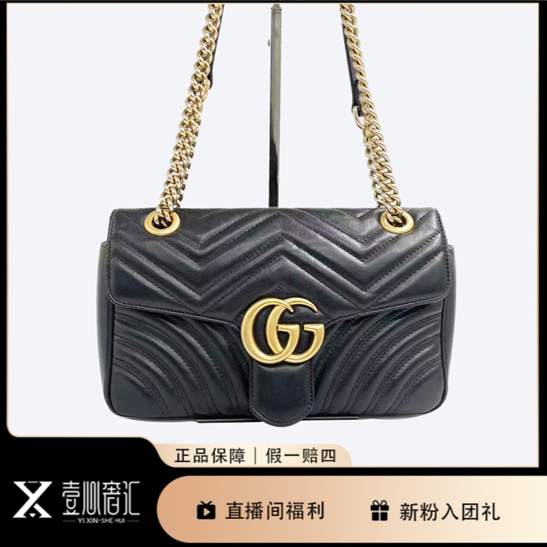 95新 GUCCI/古驰 marmont黑金26单肩链条包