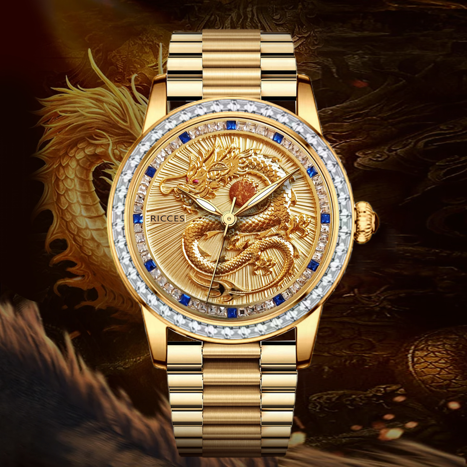 【老王的心意】飞天金龙24K真金真钻高端男士机械腕表R904