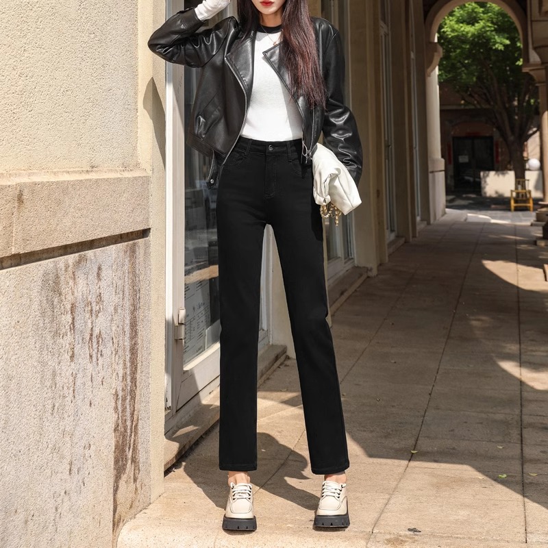 烟管裤黑色牛仔裤女2024年秋冬加绒加厚弹力显瘦小个子九分直筒裤