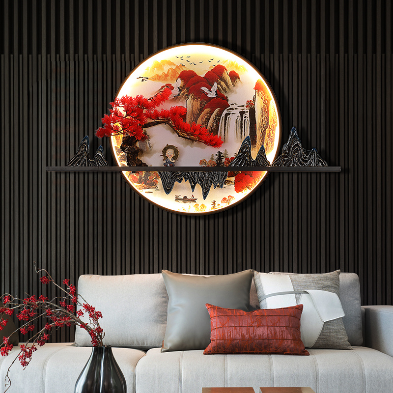 新中式圆形装饰画壁灯入户玄关山水画发光灯光壁画客厅背景墙挂画