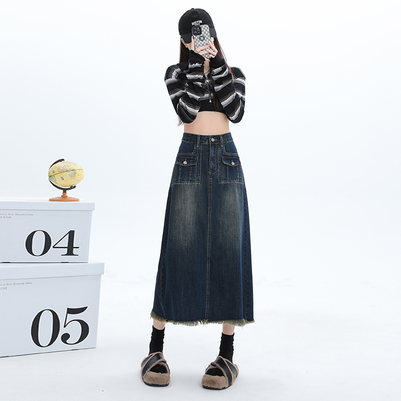 后开叉高腰牛仔半身裙女显瘦口袋百搭毛边中长裙女潮2024春秋新款