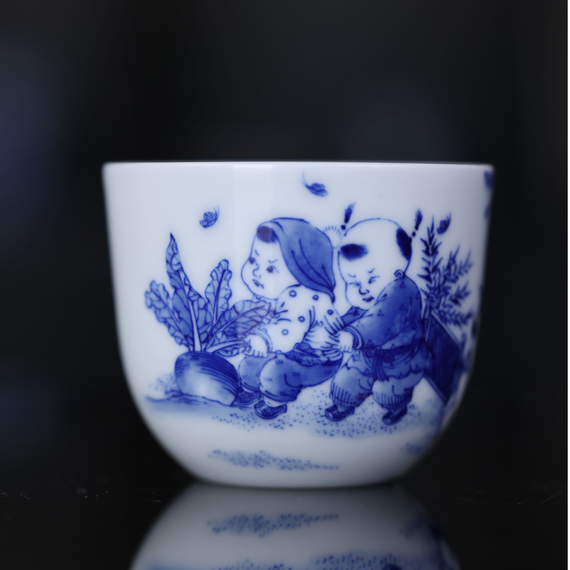 【九段烧】妙手青花五子婴戏鸡缸杯 手绘 纯手工 陶瓷青花杯 名窑 