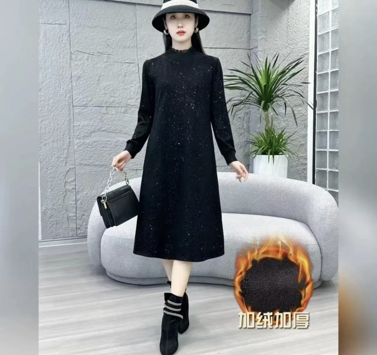 秋冬新款加绒加厚纯色显瘦遮肉时尚大方连衣裙大码气质长袖洋气