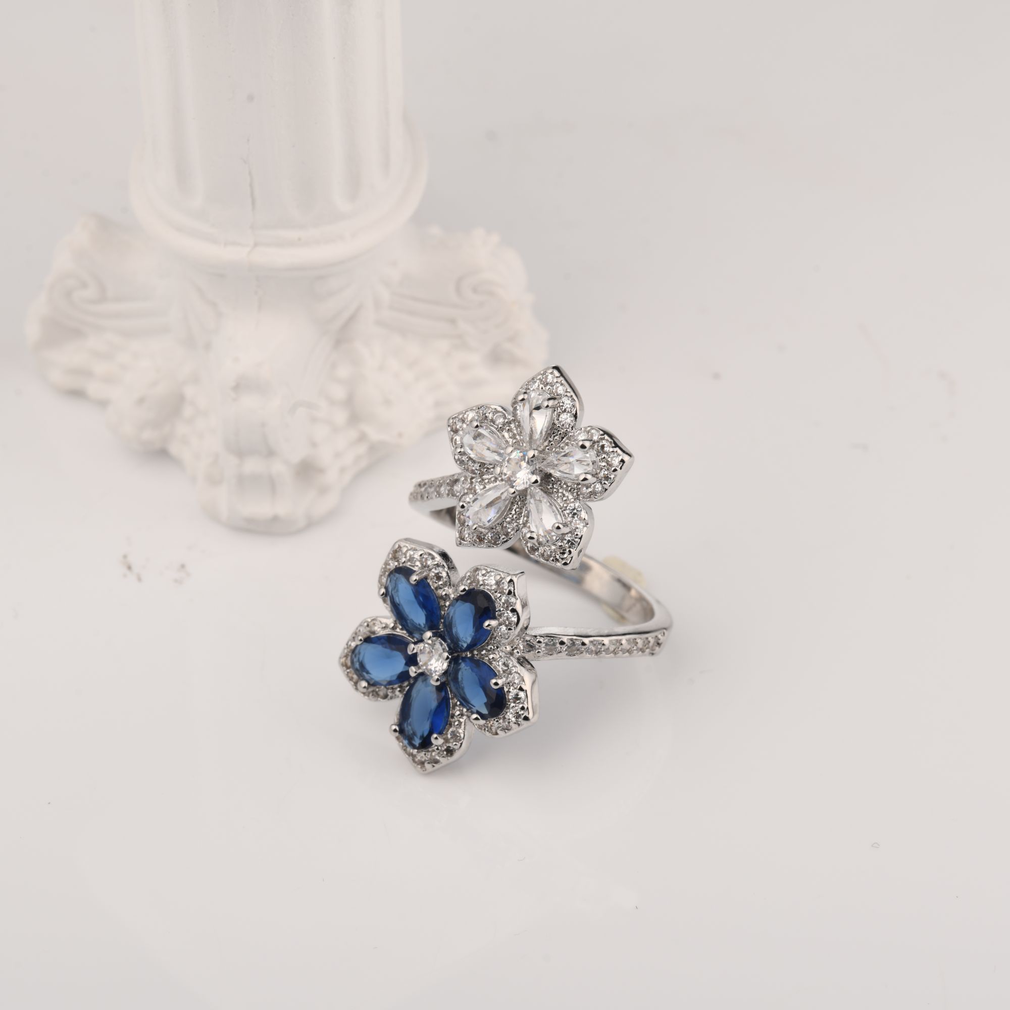 925银戒指 梦幻 蓝色花朵 指间戒 925 白金 色