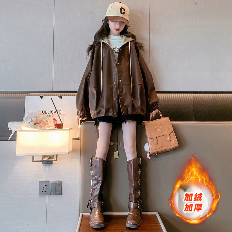 女童加绒皮衣外套2023新款韩版洋气儿童装秋冬季加厚上衣机车夹克
