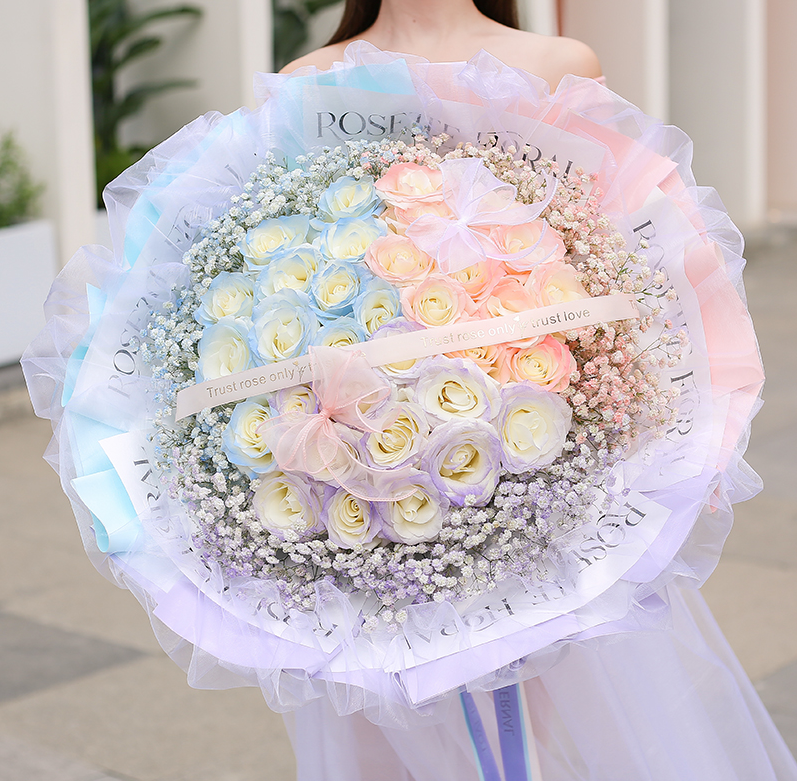 【纯欲千金❤】33枝三色玫瑰鲜花·星光花束·仙气白纱·2023情人节新款