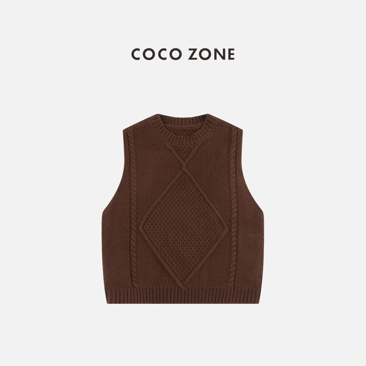 COCO ZONE 刘一一 100绵羊毛麻花针织背心别致圆领上衣CC2C2324