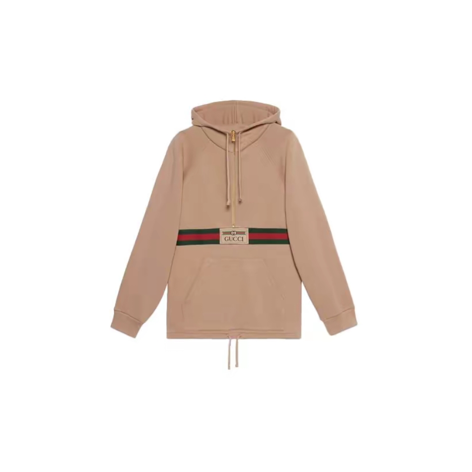 全新未使用 GUCCI/古驰 卡其色红绿织带宽松半拉链 长袖卫衣 帽衫