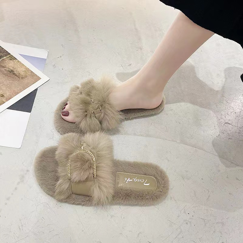 百丽纯爱毛毛拖鞋女外穿2023年秋冬新款网红仙女家居平底棉拖鞋in