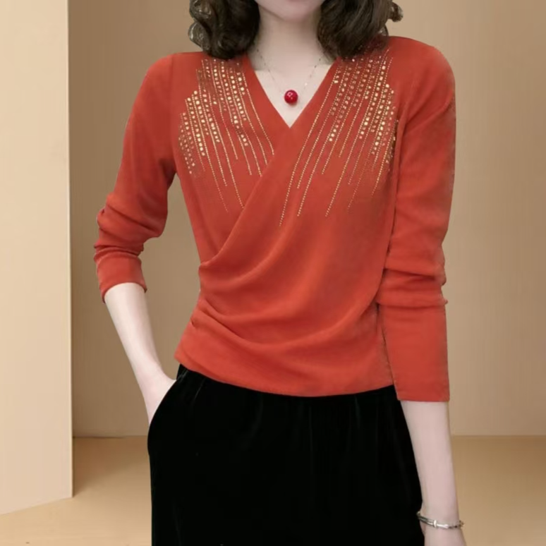 2024秋冬新品烫钻交叉V领时尚显瘦洋气百搭高级感打底衫