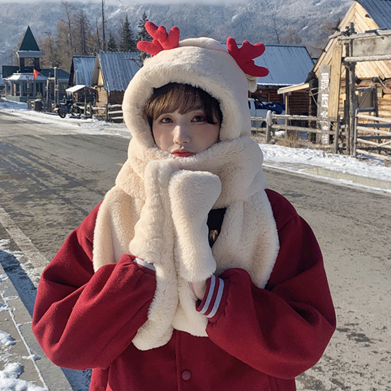 【成人款】可爱毛绒鹿角帽子女秋冬保暖围巾一体护耳骑行