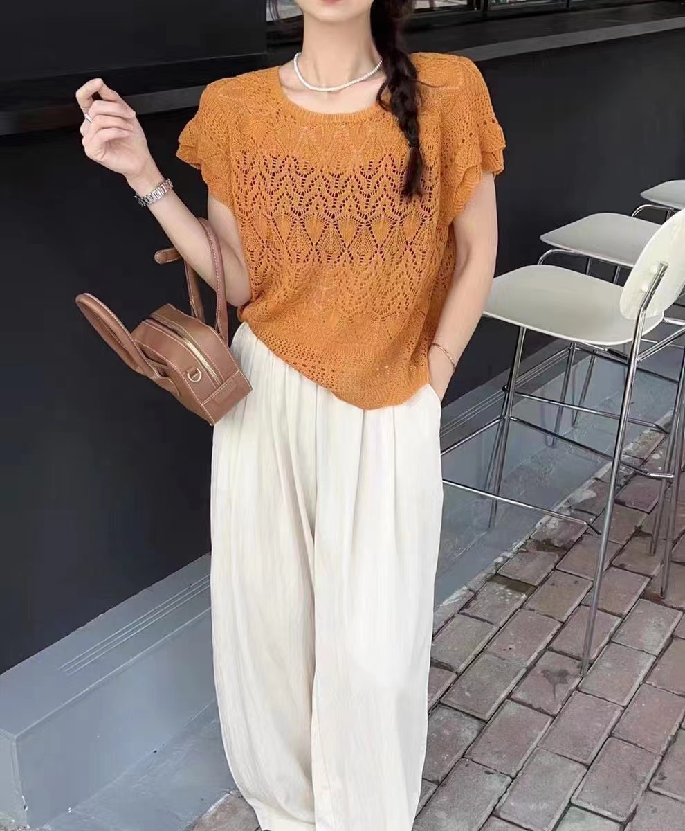 薄款短袖冰丝体桖女显瘦后背镂空上衣洋气小衫