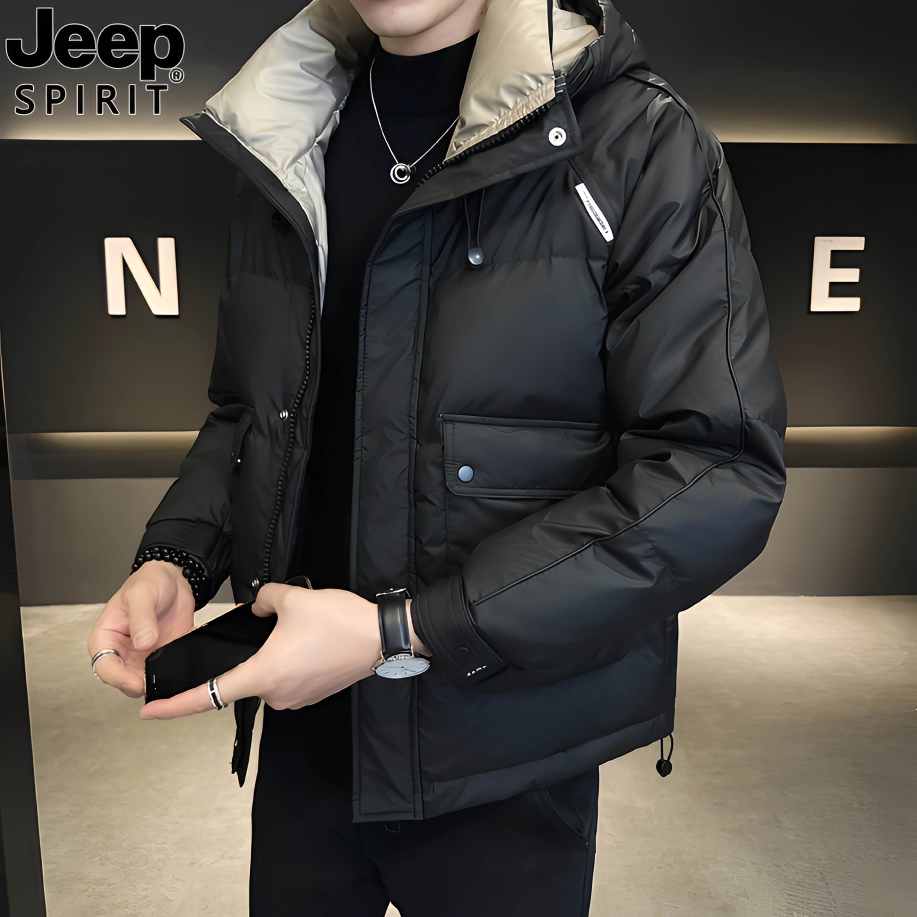 JEEP吉普外套男士秋冬季新款休闲夹克潮牌加厚短款痞连帽丝绒韩版