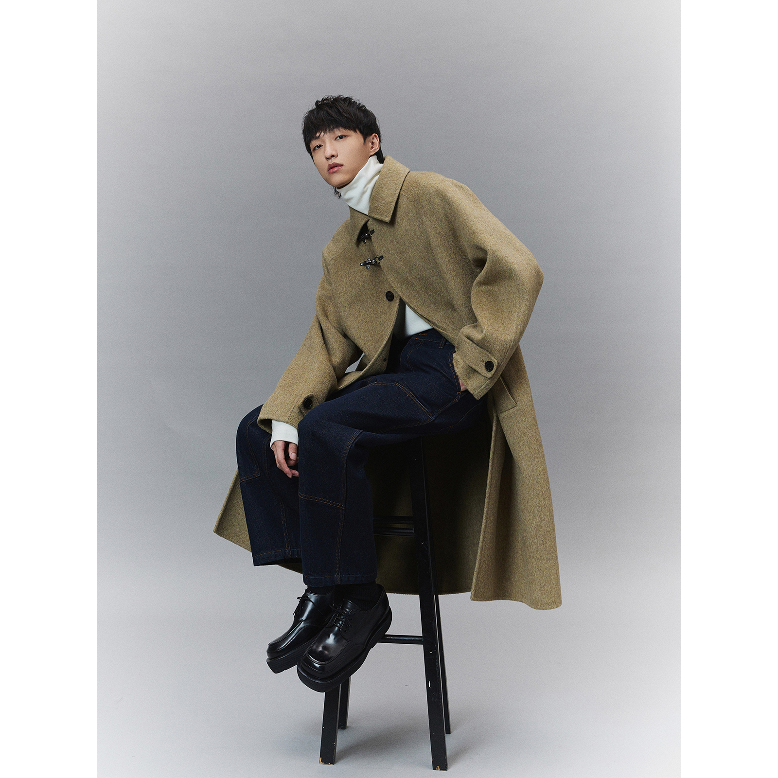 NANS STUDIO飞机扣门襟混色散毛织染重磅羊毛双面呢巴尔马肯大衣