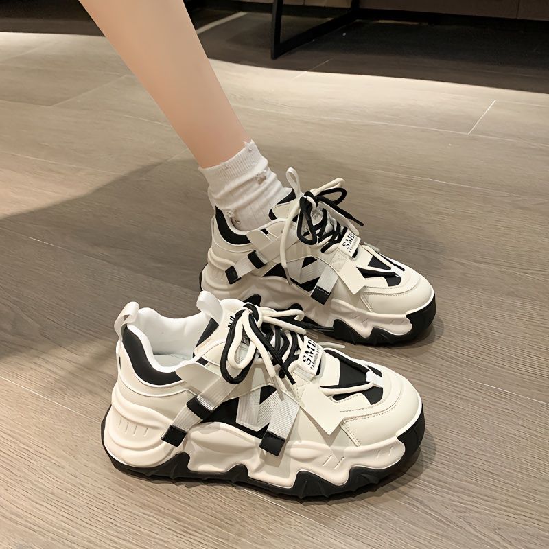 黑白熊猫老爹鞋女2023春秋新款单鞋厚底小众炸街显脚小小白运动鞋