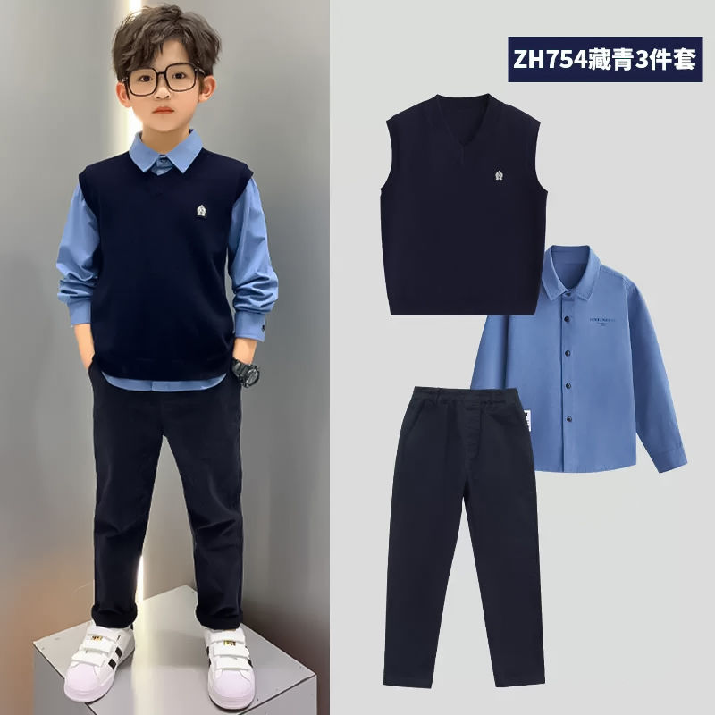 春季针织儿童学院风套装春款中小大童帅气衬衫领男童春装三件套潮