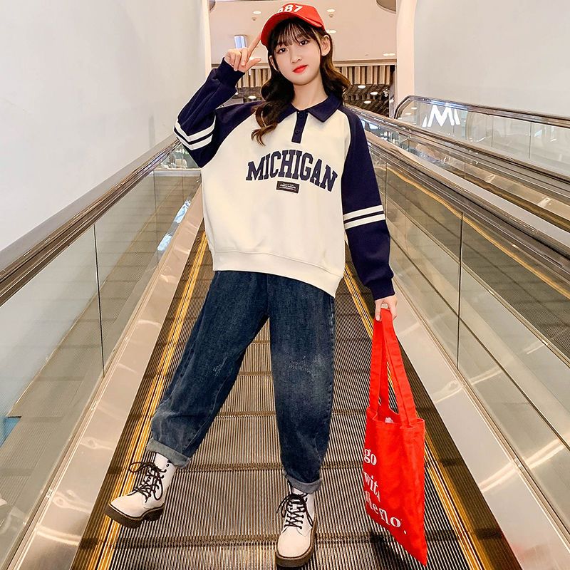 女童2023新款春秋款时尚POLO衫女儿童卫衣搭配牛仔裤时髦女孩套装