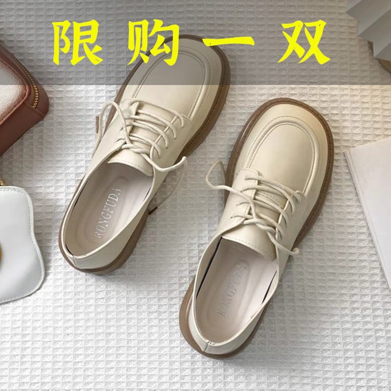 红蜻蜓牌白色小皮鞋女英伦风春秋季软底系带单鞋2023年新款复古