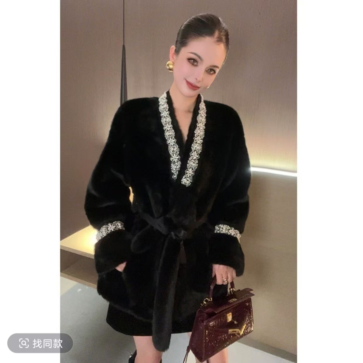 轻奢重工气质收腰雪兰貂绒大衣时尚百搭款7301