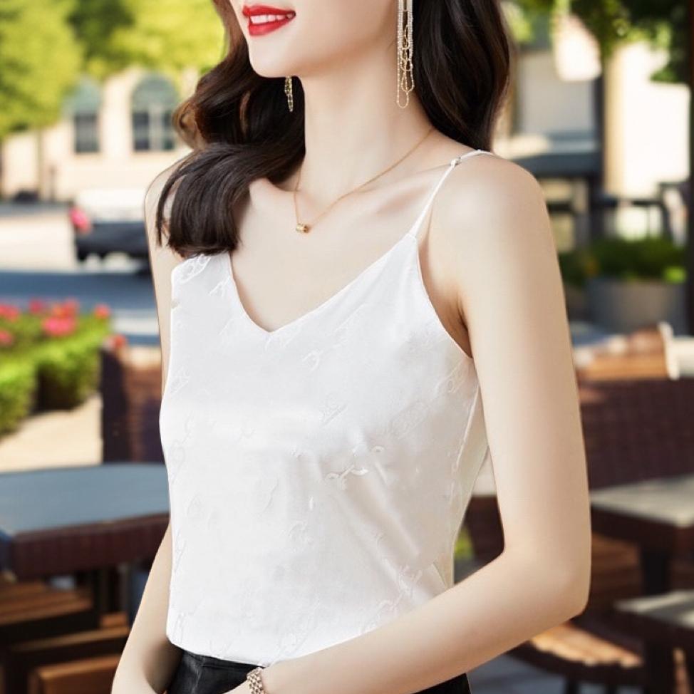 2025百搭气质显瘦缎面印花V领吊带女背心打底通勤无袖韩版