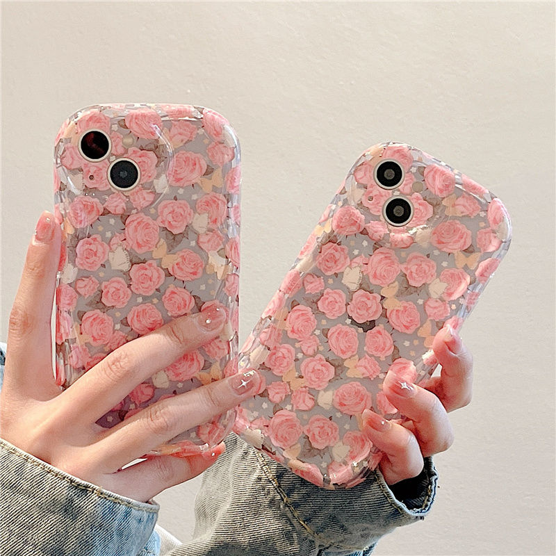 适用苹果14promax手机壳iphone13粉色油画玫瑰11韩风新款12女款xr