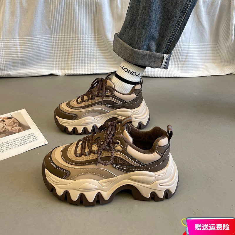 红蜻蜓牌老爹鞋女2023秋冬季新款加绒百搭厚底增高复古拼色运动鞋