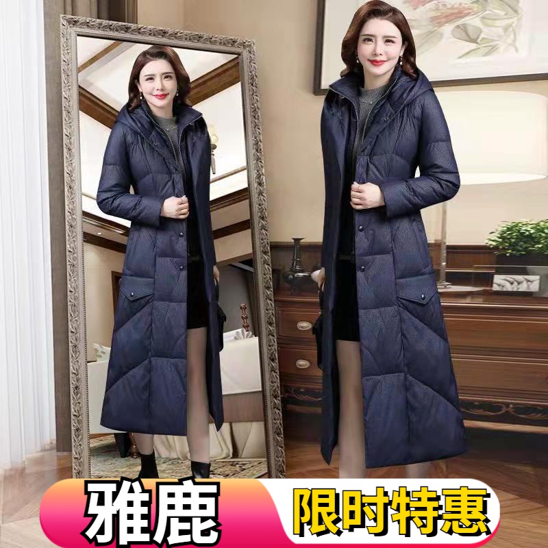 雅鹿高端羽绒服女中长款2023新款长款过膝高领连帽加厚收腰保暖外