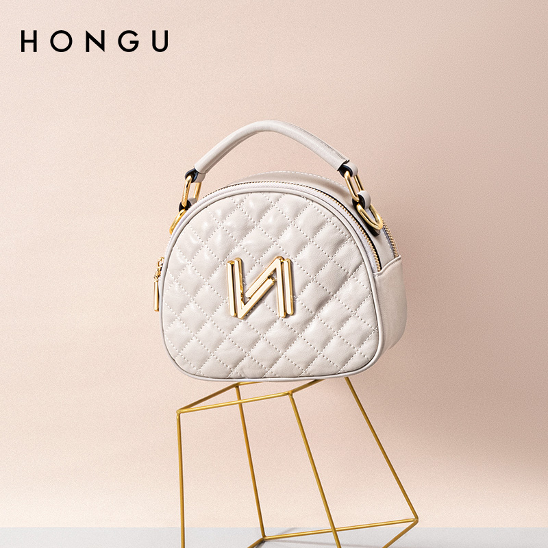 HONGU/红谷时尚春夏季新款牛皮单肩手提包菱格贝壳包时尚斜挎包