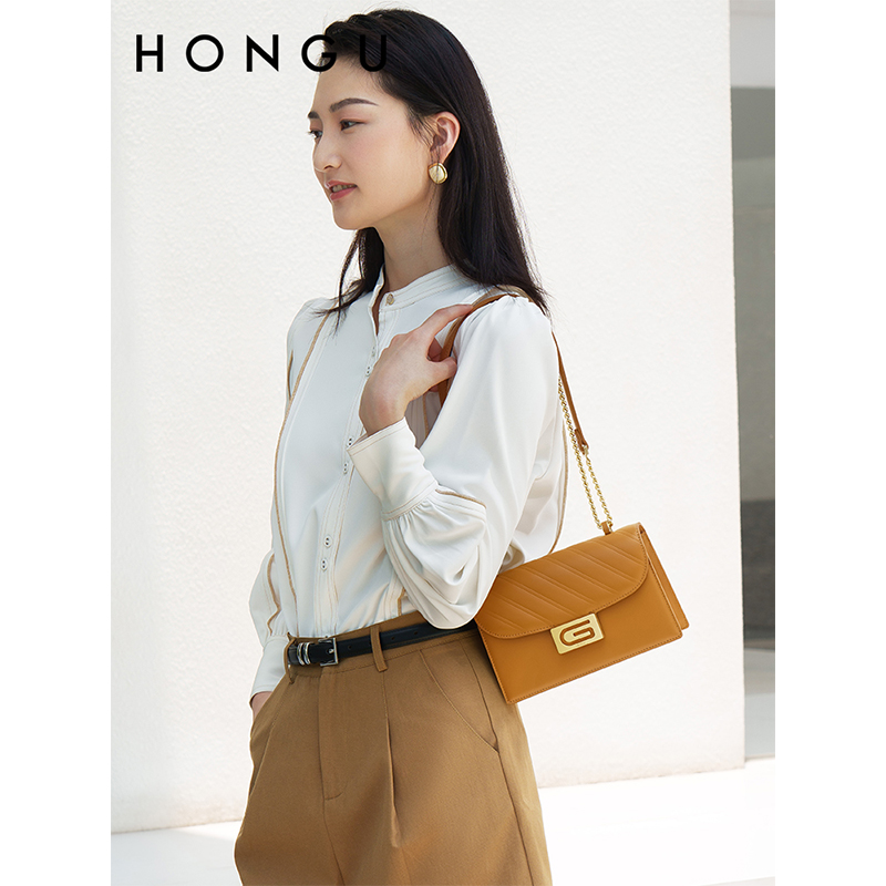 HONGU/红谷时尚新款牛皮百搭女士单肩腋下肩包真皮简约链条小方包
