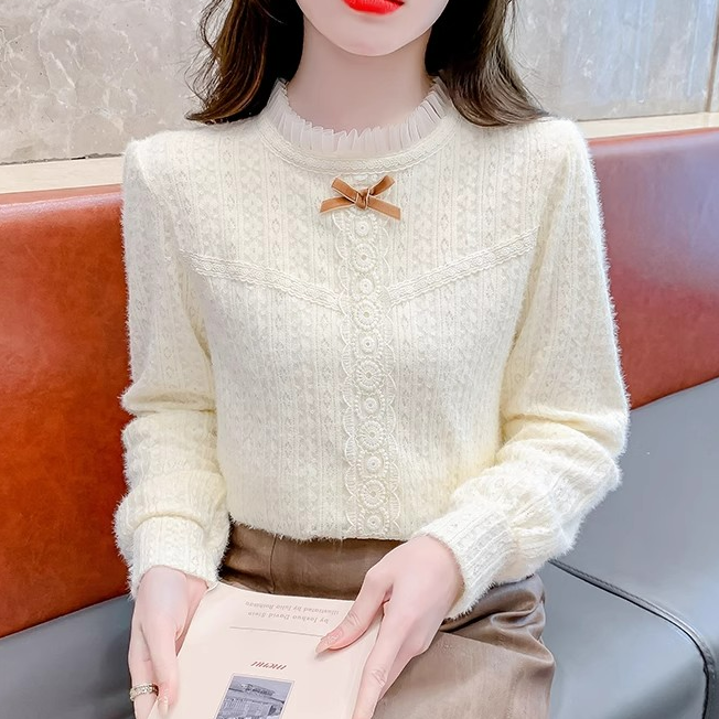 2025春秋季新款法式加绒蕾丝打底衫女洋气装修身显瘦加厚内搭上衣