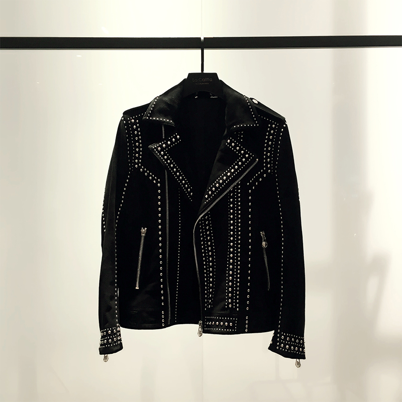 （风尚）LA CALIFFA设计师 CE-X立体剪裁 铆钉 山羊翻毛皮机车夹克