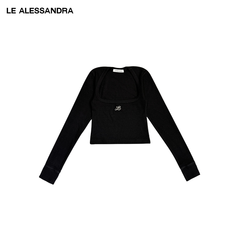 品牌直营 LE ALESSANDRA 黑色羊毛混纺方领修身钻饰打底上衣T恤