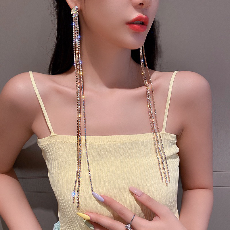铜合金合成锆石耳饰 925银针欧美复古时尚超长炫彩镶钻流苏