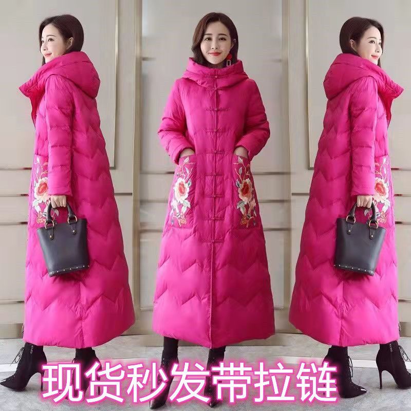 秋冬带拉链羽绒服女中长款刺绣花中国风冬季加厚保暖中老年女妈妈