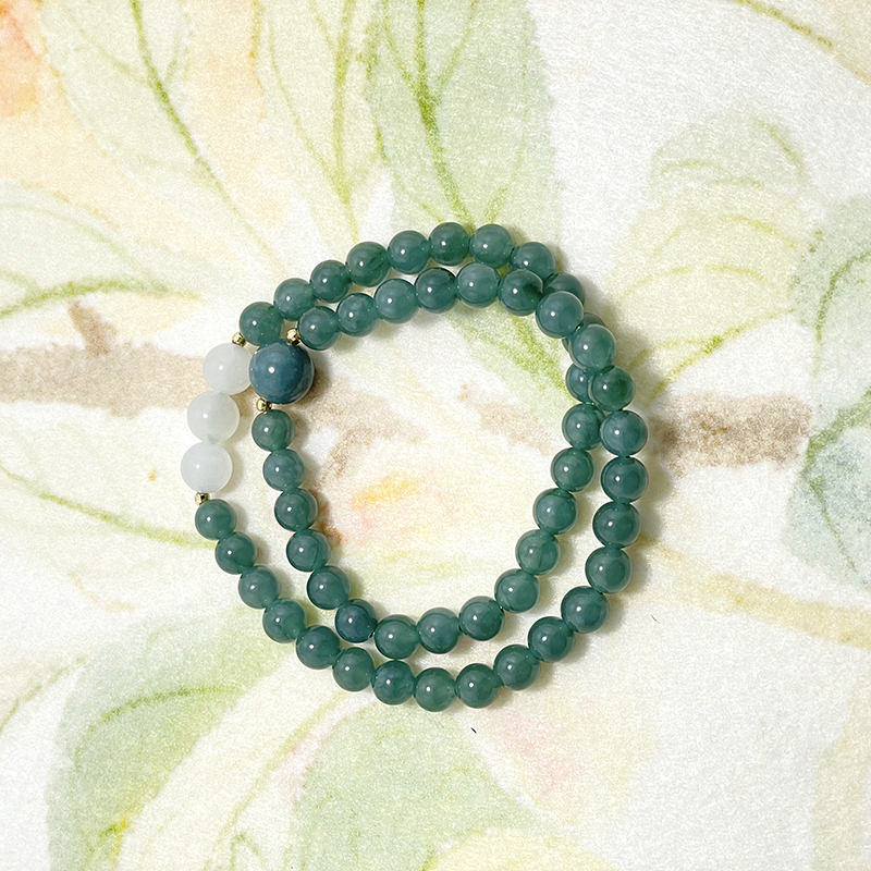 玉掌门-FL710-18K金镶嵌蓝水翡翠三生三世双圈手串