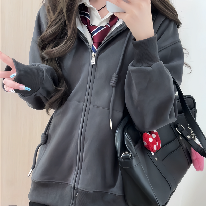 藏青宽松连帽卫衣女学生春秋显瘦秋季酒红拉链开衫浅灰jk上衣外套