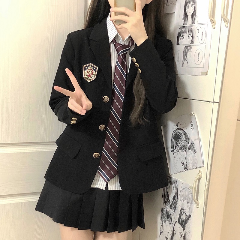 春秋西装外套女大学生答辩面试正装绀色jk制服三粒扣收腰西服上衣