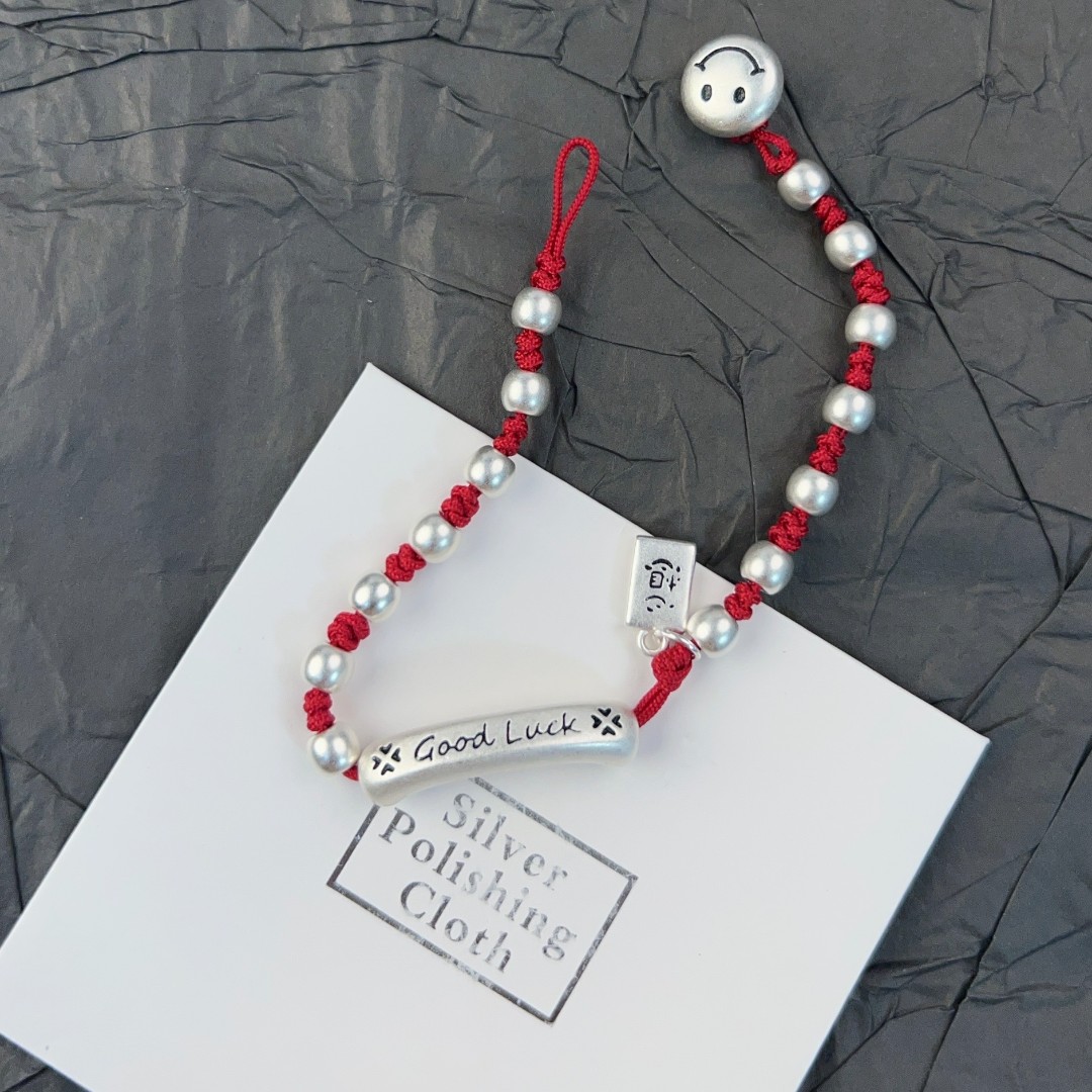 足银银制品 good luck笑脸心想事成红绳手串